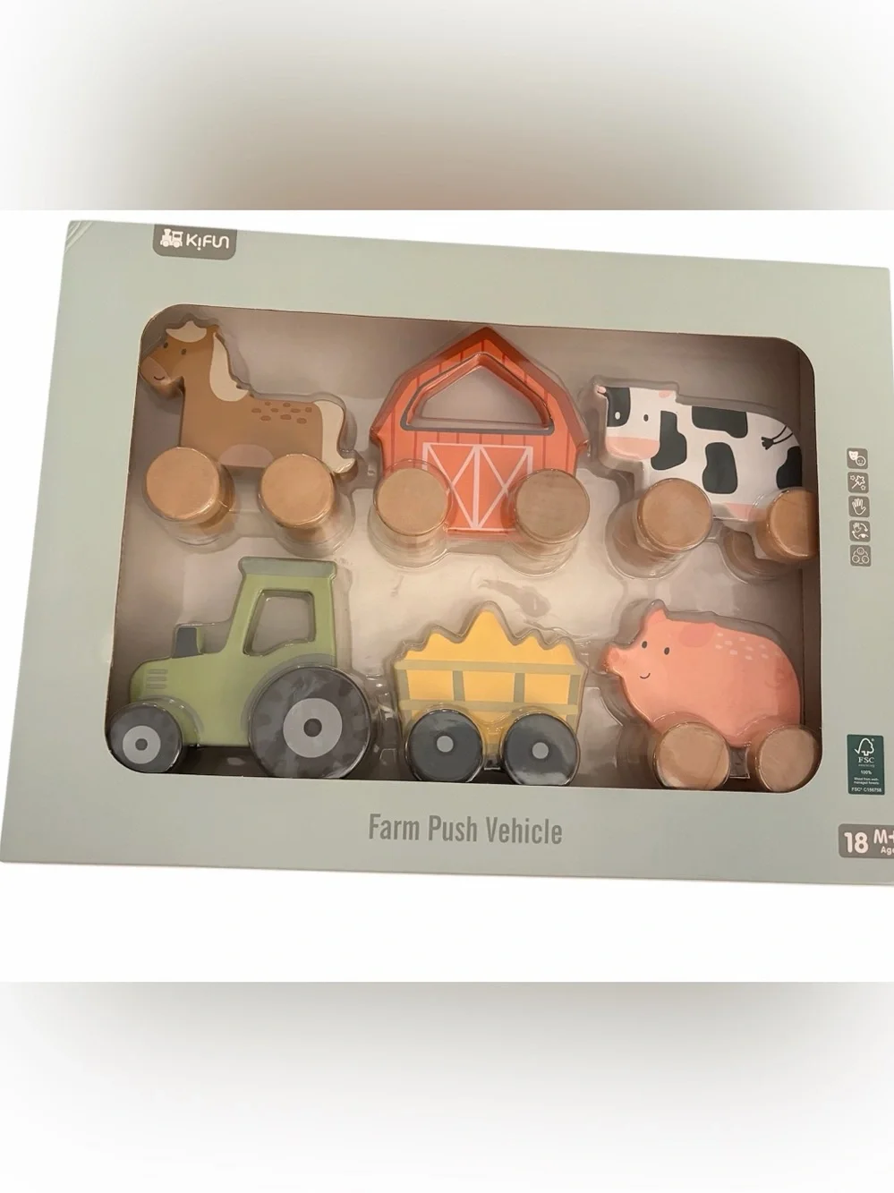 Kifun Farm Push Vehicle Wooden Toy Set